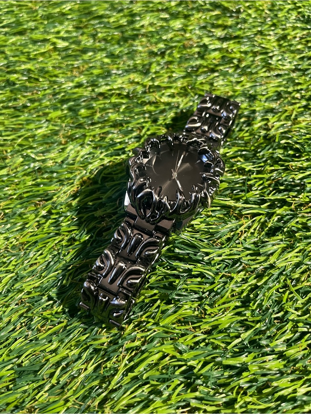 Men's Black Sculpted Metal Wrist Watch -